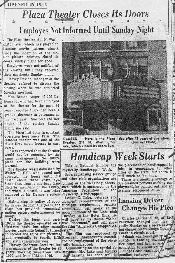 Plaza Theatre - PLAZA CLOSES OCT 8 1956 FROM RON GROSS